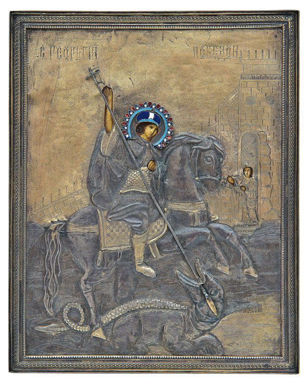 Heiliger Georg der Drachentöter: Heiliger Georg der Drachentöter Russland, um 1900 (Ikone), Moskau, 1896-1908 (Oklad) Öl auf Holz. Traditionelle Darstellung des Heiligen zu Pferd, den Drachen mit der Lanze durchbohrend. Im Hintergr