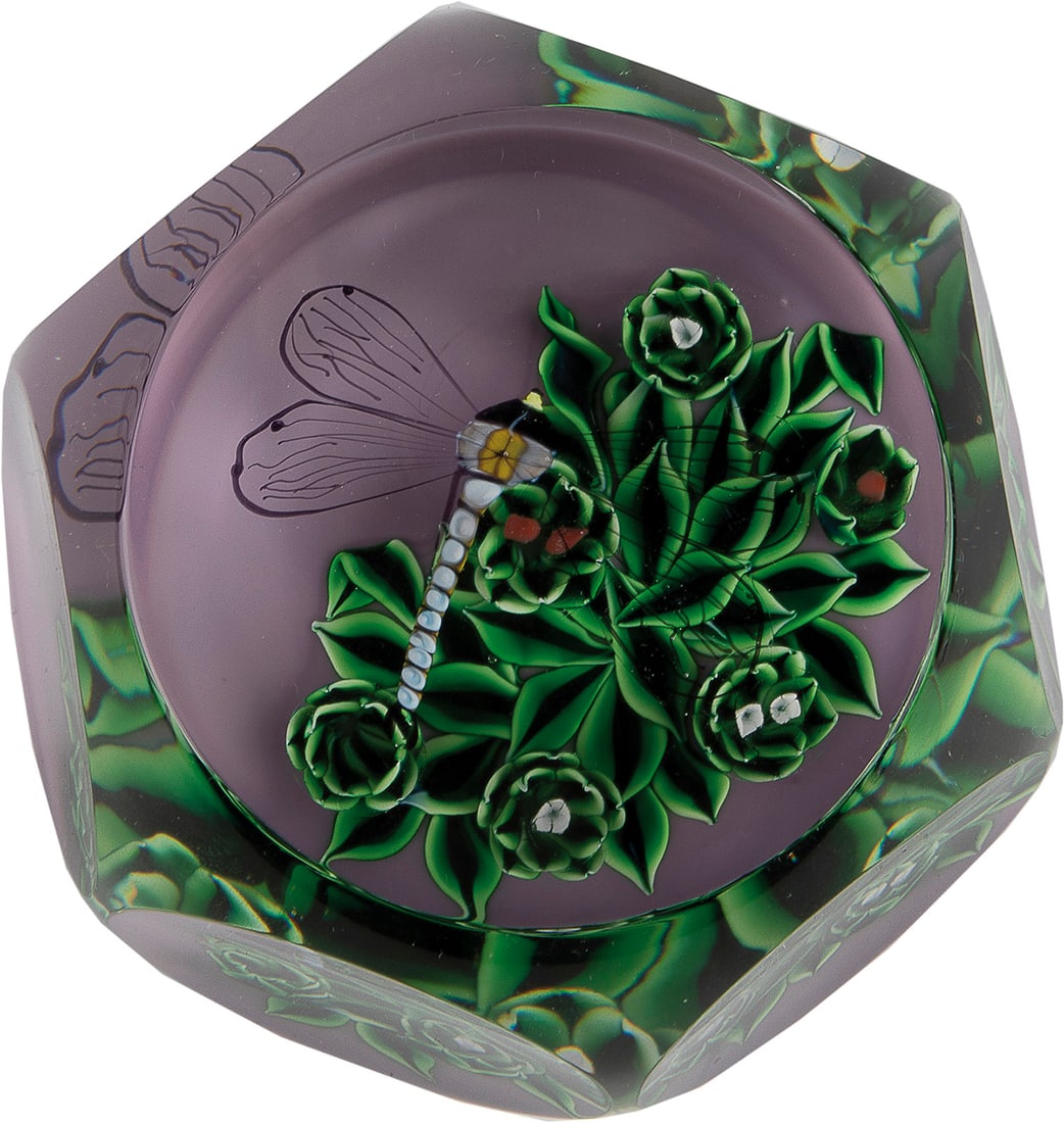 Paperweight: Paperweight Saint Louis, France, 1998 Paperweight ''Libellule'' by Saint-Louis. Limited edition. Colourless glass with window cut. Dragonfly over leaves and flowers on an old pink background. Limited