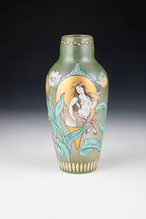 Vase: Vase Max Rade (décor design), Fritz Heckert, Petersdorf, c. 1899/1900 Greenish glass, matt iridescent. Colorful opaque enamel décor: young centaur woman surrounded by tulip flowers and buds. Contour