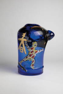 Vase object: Vase object Erwin Eisch, 2000 Cobalt blue underpinned glass in the form of a stylized female torso with abstract painting in gold, black, white, yellow and red. Inscribed on the wall: E. Eisch 2000. H