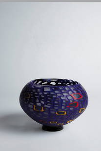Vase ''Funtime`s Cup'': Vase ''Funtime's Cup'' Tsuchida Yasuhiko, 1999 Colorless and opaque blue glass, with melted square colored glass plates in opaque black, red and yellow, acid-frosted. The attached foot in black violet