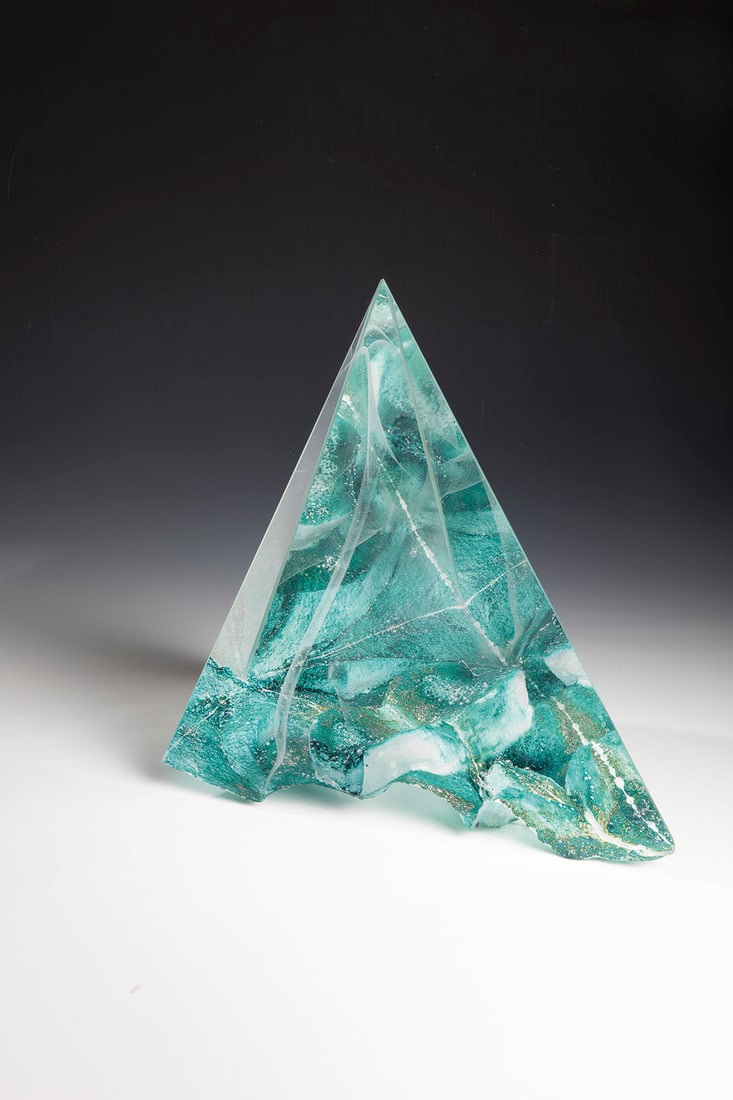 Pyramid: Pyramid Colin Reid, 2004 Cire-perdue casting process. Colourless glass with powder inclusions in graphite and green, sandblasted, ground and polished. Signed in vibro-engraving: Colin Reid 2004 R 1269