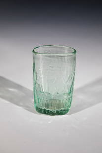 Pilgrim's cup: Pilgrim's cup 18th/19th century So-called pocket cup. Light green glass blown into model. Oval cross-section, ribbed wall and inscription: ''AVE MARIA'': h: 9 cm