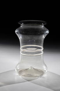 Albarello: Albarello Venice or Facon de Venice, 17th century Thin-walled, grey-tinted glass with a raised bottom. On the waisted wall, two frosted glass bands melted all around. Lip rim folded down with cobalt