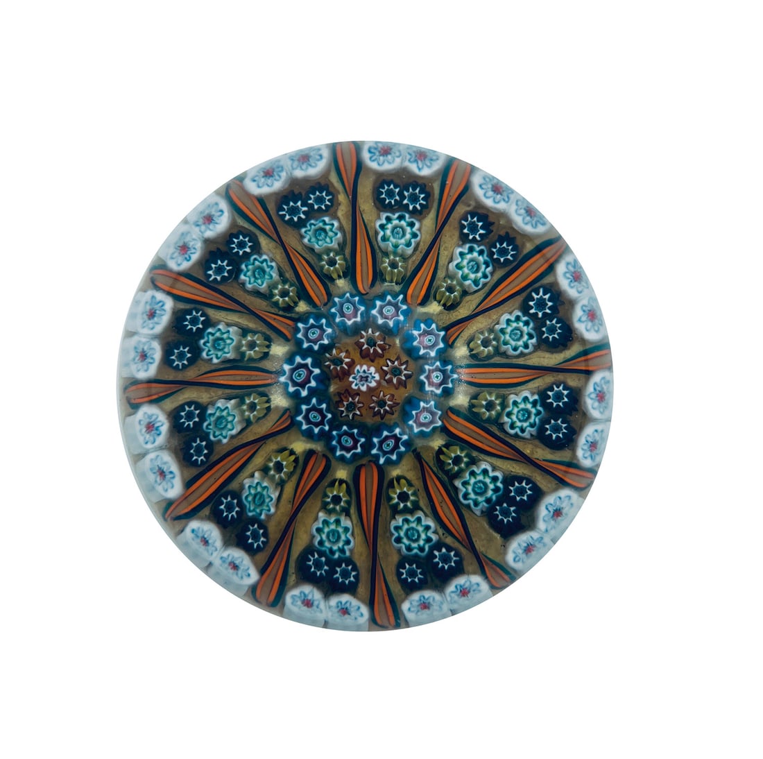 Paperweight: Paperweight Perthshire, before 1978 PP2 pattern, with two concentric rings of flower murins in double-stranded spirals on a lemon yellow background. D.7.5cm H.5.2cm.