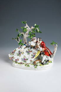 Hunting group: Hunting group Meissen, mid-19th century - after a model by Johann Joachim Kaendler, 1743 Oval natural base with numerous appliquéd flowers and leaves. On top of it a strongly branched tree with a