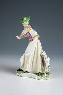 ''Lady attacked by doggy'': ''Lady attacked by dog'' Nymphenburg, after 1862 - after a model by Franz Anton Bustelli, 1756 On a flat natural base with appliquéd flowers and leaves, a lady striding forward, looking frightened