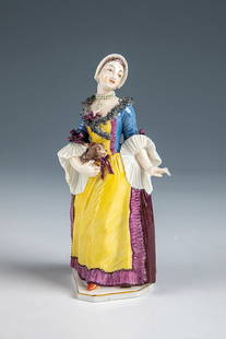 ''Chambermaid'': ''Chambermaid'' Nymphenburg, after 1862 - after a model by Franz Anton Bustelli, 1756 On a flat, polygonal plinth a smiling chambermaid. In her right hand she holds a dog. Polychrome decorated in