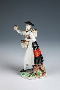 ''Schwammerlfrau'': Nymphenburg, after 1900 - after a model by Franz Anton Bustelli, 1760 On a flat tree stump support pedestal, a mushroom seller striding forward. Carrying baskets full of mushrooms on their backs and