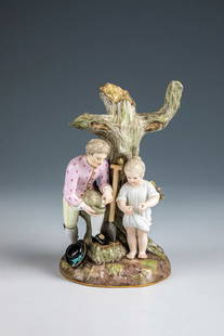 Egg Thieves: Egg Thieves Meissen, 19th century - after a model by Johann Joachim Kaendler, 1749 Oval natural base with tree support. On it is a branched tree with a gardener and a small child collecting eggs.