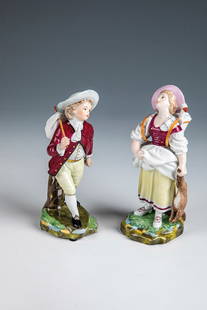 ''Peasant Girl with Kiepe'' and ''Wanderboy'': ''Peasant Girl with Kiepe'' and ''Wanderboy'' Höchst, 20th century - after a model by Johann Peter Melchior, 1775 On an irregular rock and grass base with tree support, a young peasant girl with a