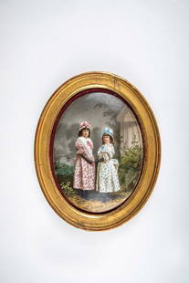 Porcelain Painting: Porcelain painting German, late 19th century Oval picture plate with polychrome painted full-body portrait of a pair of sisters in front of a river landscape with architectural staffage. Mounted on a