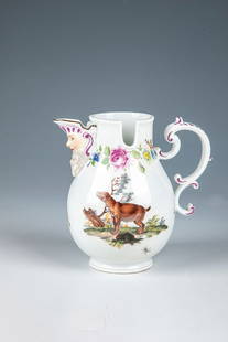 Kettle: Meissen milk can, 18th century, decorated on the front and back with two mythical creatures in a tree-covered landscape island in very fine, polychrome on-glaze painting. The spout is provided with a