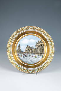 View plate: View plate KPM Berlin, 20th century Slightly deeply hollowed, round plate on a standing ring. In the mirror in fine, polychrome painting, view of the Berlin Gendarmenmarkt with filling figure