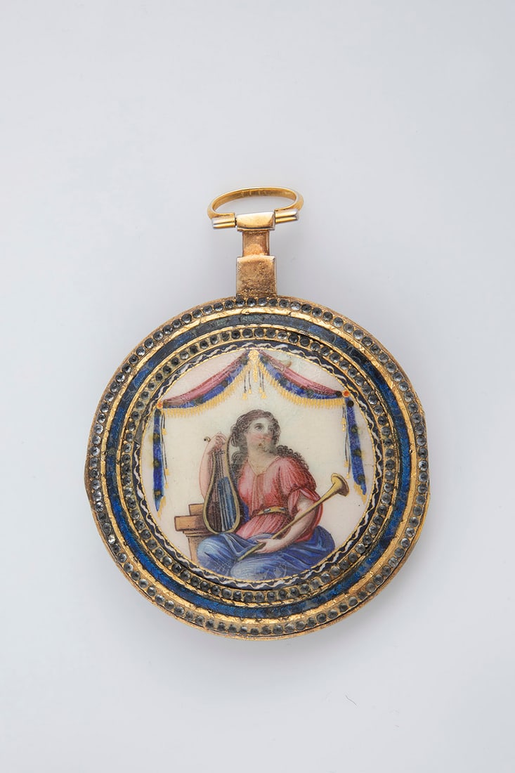 Large Spindle Pocket Watch with Enamel Painting and Rhinestone Trim (1 of 3)