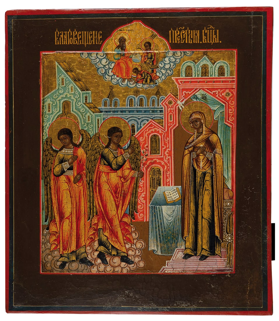 Icon with the Annunciation of the Mother of God: Icon with the Annunciation of the Mother of God Russia, 19th century Composite of three wooden boards with two profiled reverse sponki, Kovtscheg. Tempera on chalk ground, partial gilding, chrysograph