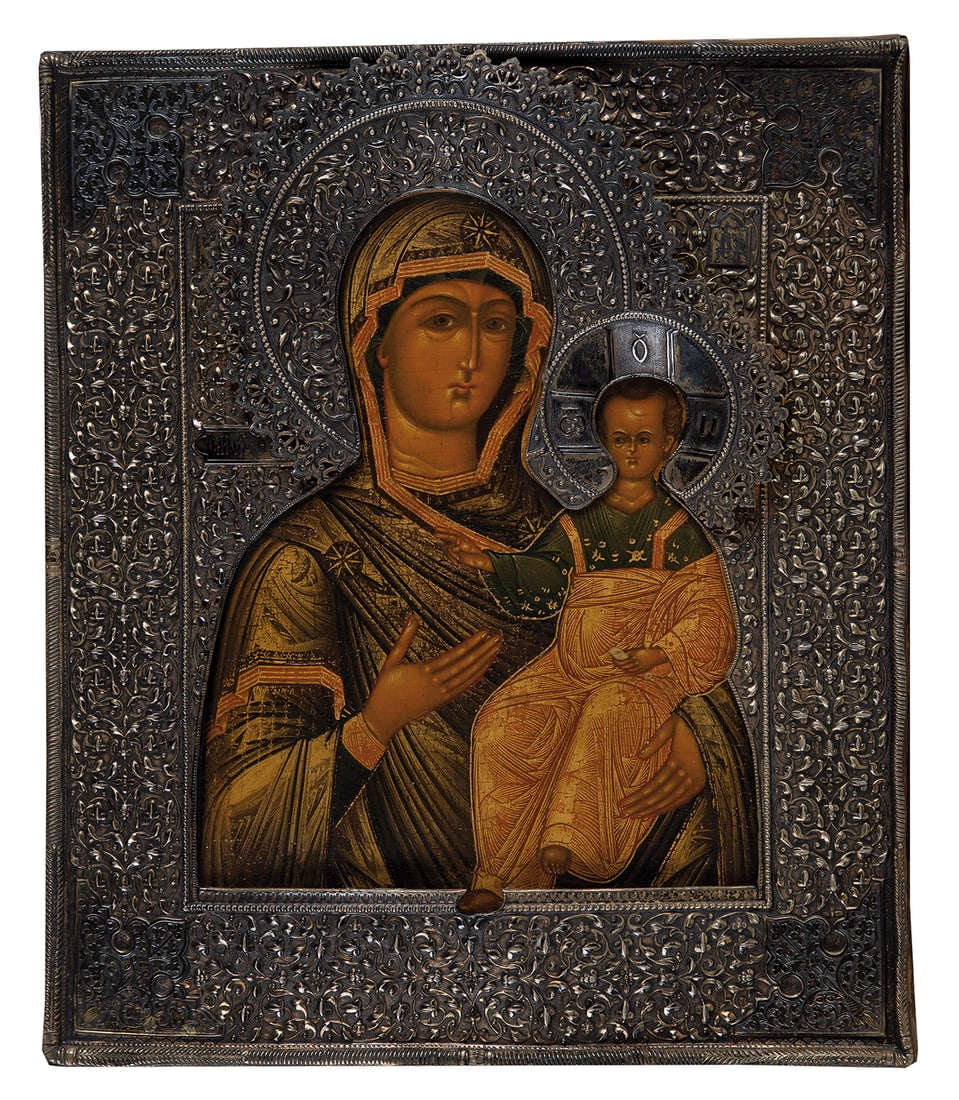 Mother of God Smolenskaya with silver oclad: Mother of God Smolenskaya with silver oclad Russia, 19th century, Oklad Moscow, M. Shelaputin, 1866 Wooden panel with two reverse sponki. Tempera on chalk ground, gold chrysography. Embossed, partly o