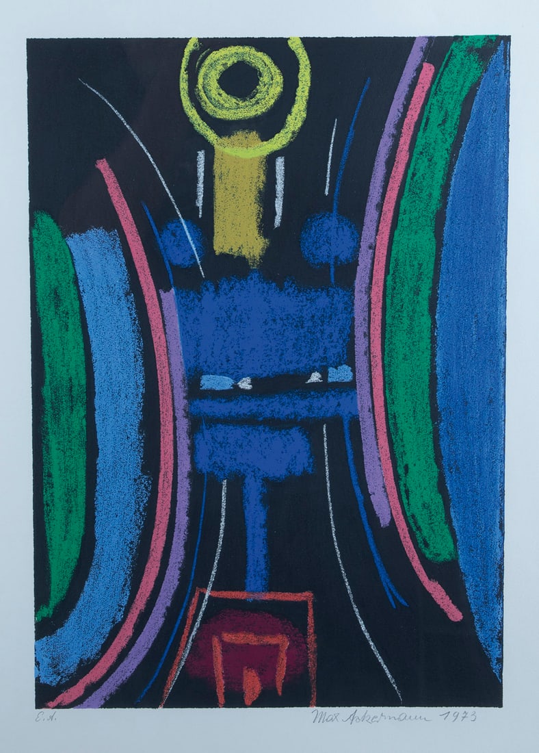 Max Ackermann: Max Ackermann 1887 Berlin - 1975 Bad Liebenzell/ Schwarzwald o. T. - variante Überbridung, 1973, silkscreen, E.A., right. u. handsign. and dat., verso adhesive label. Framed behind glass, R. 73 x 53.