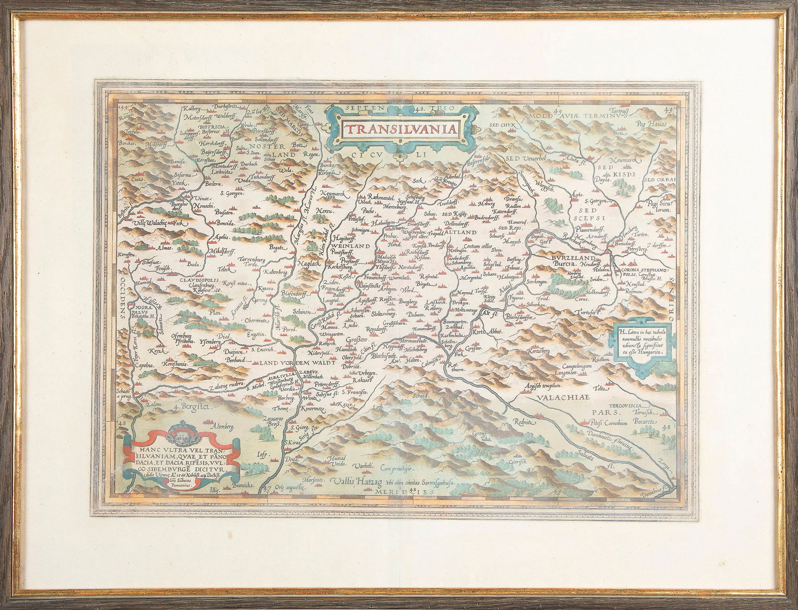 Transylvania (Transylvania): Transilvania (Transylvania) c. 1500 Historical map of Transylvania, old-coloured copper engraving from Abraham ORTELIUS' Theatrum Orbis Terrarum, 1566. Verso Latin text in passe-partout, slightly stai