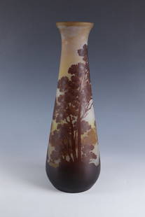 Vase with river landscape: Vase with River Landscape Emile Gallé, Nancy, c. 1906 Colourless glass, partially underlaid with yellow, light green and violet overlay. Etched decoration in relief all around: river landscape with t