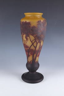 Vase with seascape: Vase with Seascape Daum Frères, Nancy, c. 1910 Colourless glass with melted and melted powder in yellow and red tones and an overlay in dark red. Etched decoration in relief all around: tree-lined se