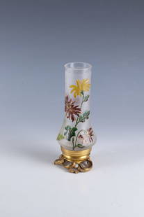 Small Vase with Thistle: Small Vase with Daum Frères Thistle, Nancy, c. 1900 Colourless glass with ice-glass-like etched outer wall. Etched décor painted all around in colorful opaque and transparent enamel: foliage and flo