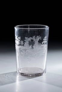 Cylinder cup with chinoiserie: Cylinder beaker with chinoiserie Riedel family of glassmakers, Jizera Mountains, c. 1770 Manganese glass with tear-off. Exceptionally fine, partially polished engraving on the front: Chinese couple on