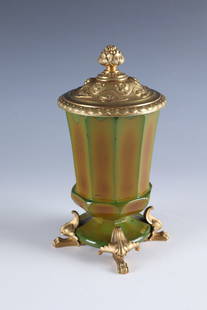 Lithyaline foot cup with bronze mount and lid: Lityalin foot cup with bronze mount and lid North Bohemia, glass New World, for the workshop of Friedrich Egermann, Haida, 19th century With marbled colour stain in blue, green and ochre, inner bottom