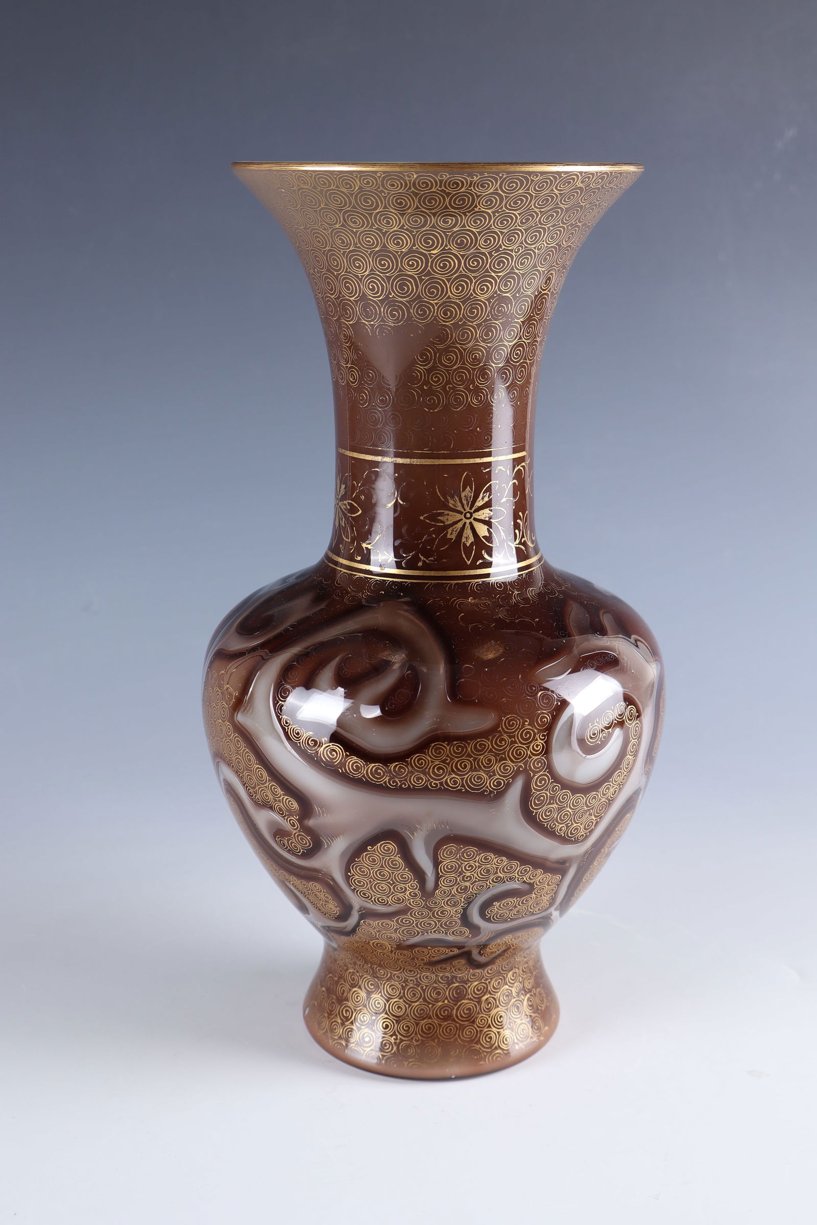 Vase ''Octopus'': Vase ''Octopus'' Loetz Wwe., Klostermühle, c. 1888 Light blue opal glass, white-grey, brown-violet and colourless overlay. The brown overlay layer in steel model is pierced by irregularly composed 'p