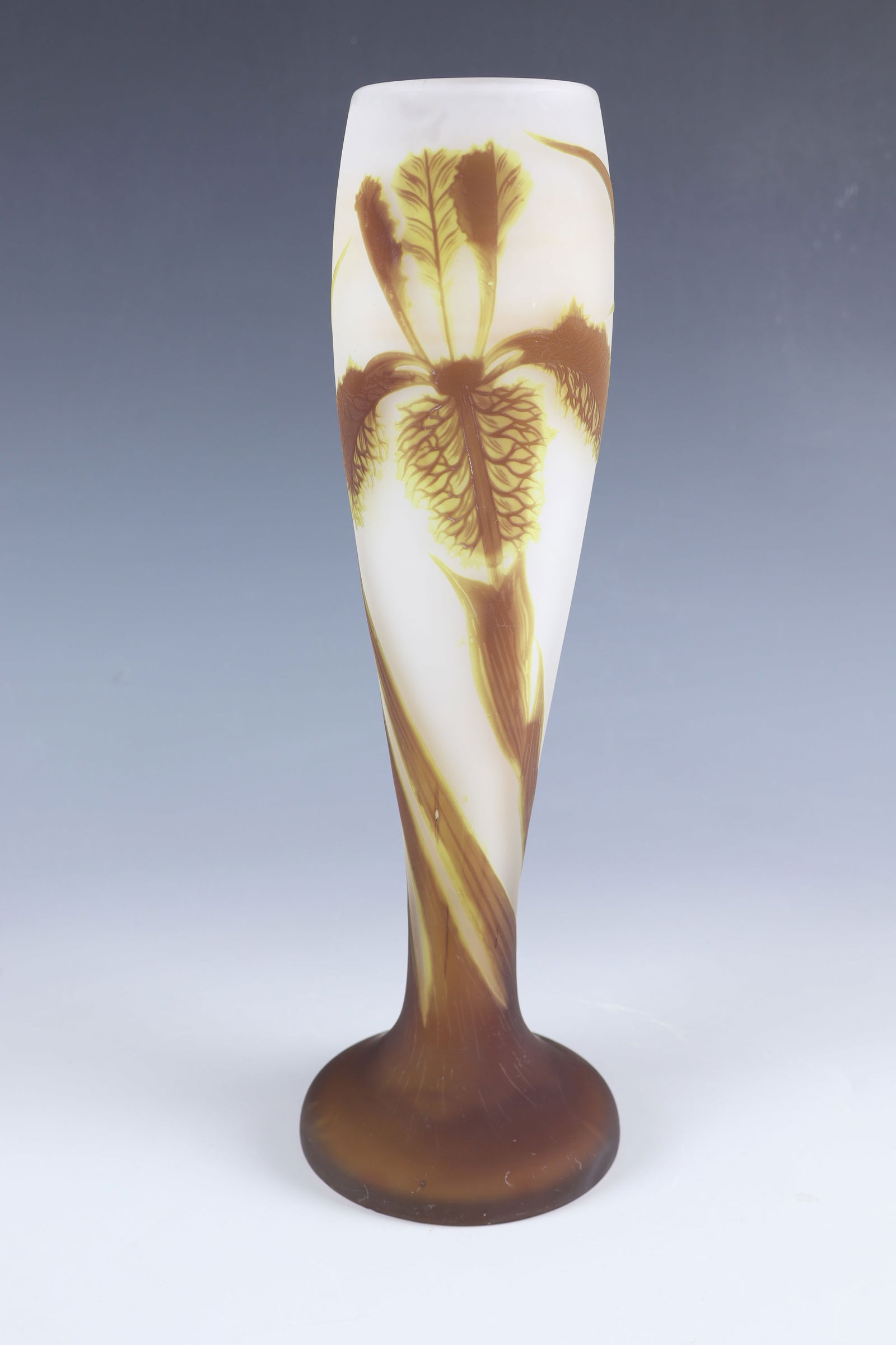 Rare Vase with Iris: Rare vase with iris Loetz Wwe., Klostermühle, c. 1920 Colourless glass with opaque underlay and overlays in yellow-green and brown. Etched decoration in relief all around: flower and foliage of the i