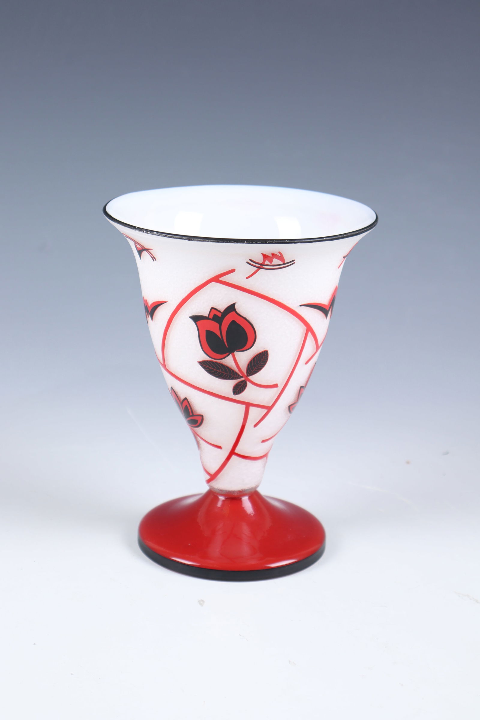 Rare Vase ''Opal with Imperial Red'': Rare vase ''Opal with imperial red'' Marey Beckert-Schider (décor design), Loetz Wwe., Klostermühle, 1924 Colourless glass, with white opal underlay, overlaid red. In a circumferential repeat, etche