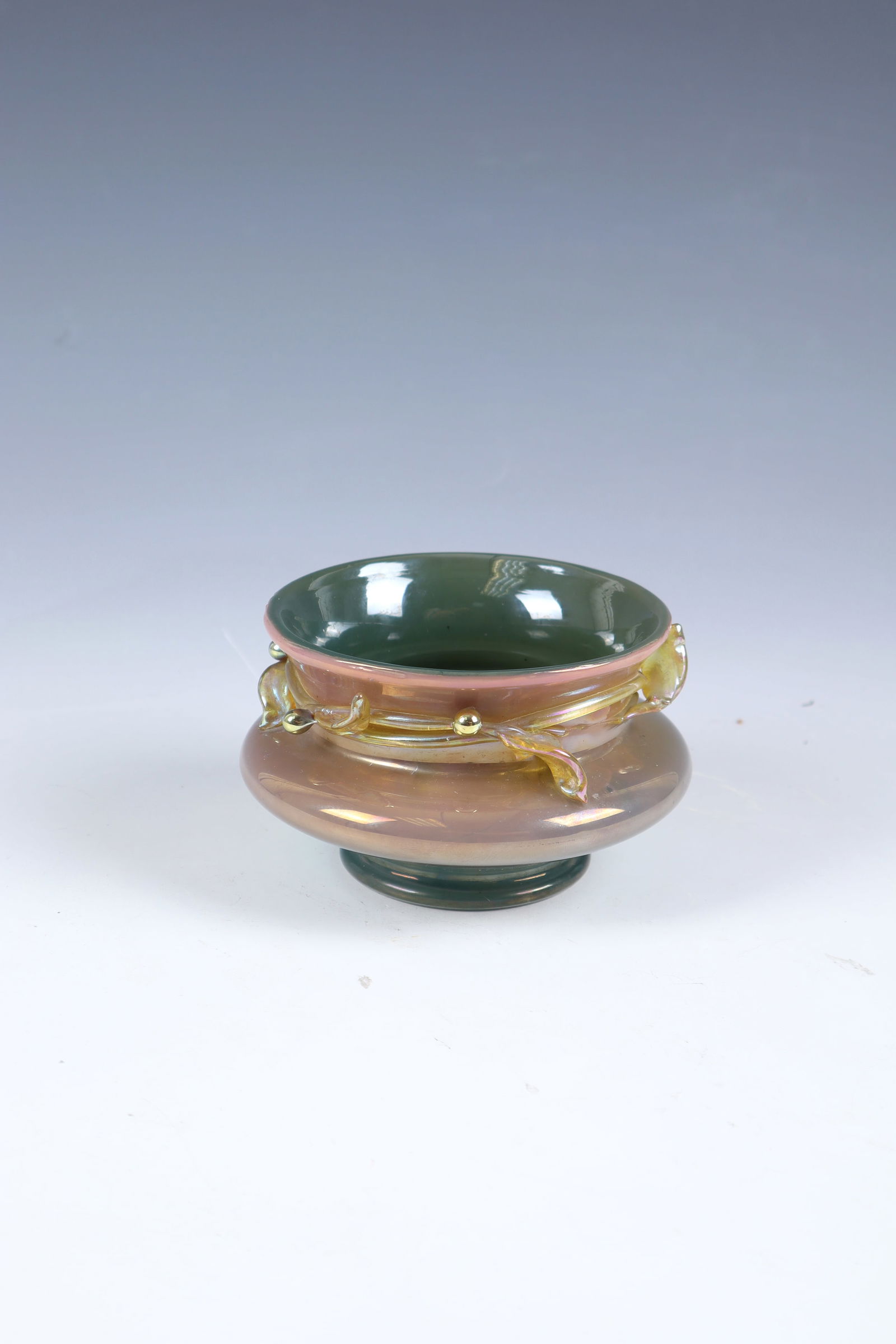 Small vase ''Stone green with neurotic running, version 141'': Small vase ''Stone green with neurotic running, version 141'' Loetz Wwe., Klostermühle, 1912 Colourless glass with yellow-green underlay running down from above and with colourless overlay. Mistletoe