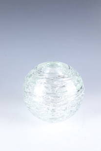 Kugelvase ''Whirlpool'': Spherical vase ''Whirlpool'' Frantisek Vizner (design attributed), Skrdlovice, 1970s Colorless, thick-walled glass. Punctured blisters. H. 16 cm.