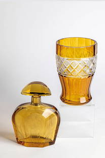 Vase and Bottle: Vase and Bottle Bohemia, 1930s Colorless, yellow stained glass and yellow glass with cut and cut decoration. Bottle bumped. H. 18 or 18.5 cm.Vase und Flakon Böhmen, 1930er Jahre Farbloses, gelb