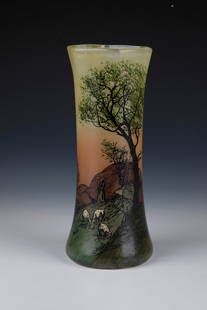 Vase with shepherdess scene: Vase with shepherdess scene Legras & Cie., Verreries de Saint-Denis, c. 1910 Colourless glass with multicoloured powder melting in orange and yellow. Decor painted all around in bright enamel