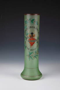 Long-neck vase: Long-necked vase Réunies de Vallerysthal et Portieux, Lorraine, c. 1898-1909 Colourless glass, green underlaid and frosted. Decorated on the front in colourful transparent enamel as well as