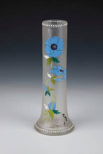 Pole vase: Pole vase Bohemia, c. 1900 Colourless, matt etched glass with colourful opaque enamel decoration: blue poppy blossoms. Contour and interior drawings in black solder. H. 27.5 cm.Stangenvase