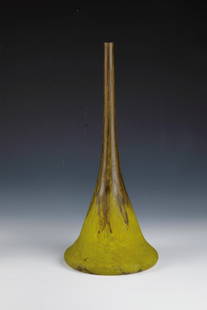 Long-neck vase: Long-neck vase Daum Frères, Nancy, 1920s Colorless glass with flaky or elongated powder meltings in green and violet. Engraved wall: DAUM NANCY with Lorraine cross. Ground. H. 36.5