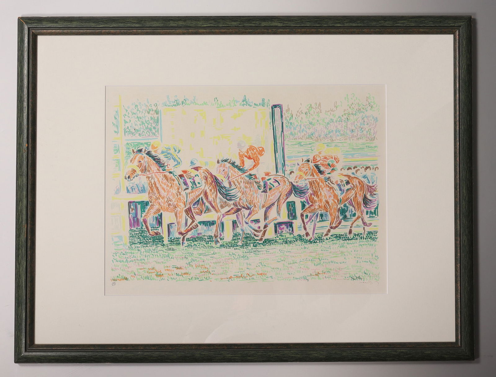 Serge Mendjisky: Serge Mendjisky French, 1929 - 2017 Horse racing, lithograph, numbered 112/500 and signed by hand lower right. Framed in a passe-partout behind glass. 66 x 86 cm (with frame).Serge Mendjisky franz