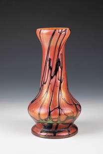 Vase: Vase glass factory Elisabeth, costs near Teplitz, 1900-03 White opal glass underlay. The colourless top layer with ruby-pink powder melting and black-violet threads spun like a net. Iridescent. H. 30