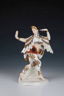 Belly dancer: Belly dancer Gustav Oppel (design), Schwarzburg Workshops for Porcelain Art, 1919 Oval base with rock support. Decorated in overglaze colours and gold. On the pedestal inscribed: ''G. OPPEL. 19''