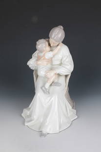Mother with child: Mother with child Bing & Gröndahl, Copenhagen, 1915-47 Mother sitting on a rattan chair with child on her lap. Sparsely staffed. Bottom with underglaze green manufactory stamp, B & G (underglaze