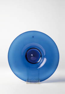 Plate: Plate Probably England, Bristol, or Netherlands 17th century Cobalt blue glass with tear-off. Applied thread as a stand ring. Relatively small, recessed mirror, wide flag. D. 23 cm