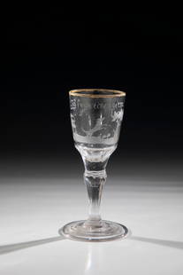 Small cup with stray: Small goblet with stray Silesia, 18th century, disc base, faceted baluster shaft, bell-shaped cuppa with peeled base. Frontal depiction of a dog flanked by trees. Above it inscription: "I am looking f
