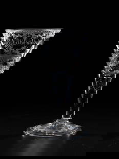 Goblet with Allegory of Faithfulness and Falsehood: Goblet with Allegory of Loyalty and Falsehood Middle German, 18th century Colourless glass with tear-off. Disc base with the edge folded downwards. Top with cut floral border. Massive shaft with pierc