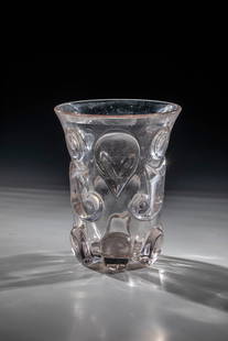 Schliff cup: Cut beaker probably Silesia, around 1830 Manganese-tinged, thick-walled glass, decorated with highly cut elements. H. 12.7 cm