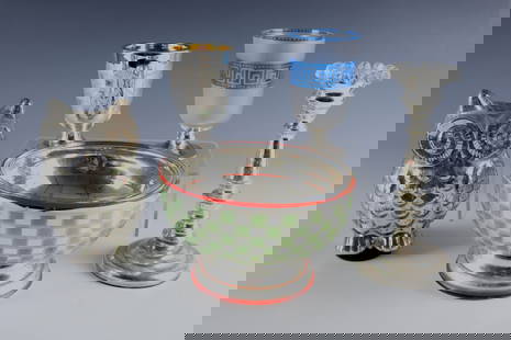 Mixed lot of five pieces of peasant silver: Mixed lot of five pieces of peasant silver Bavarian Forest or Bohemia, 2nd half of the 19th century, consisting of candlestick, owl, bowl and two foot cups. Colourless glass, inside silver vaporized a