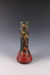 Vase: Vase Daum Frères, Nancy, c. 1905 Colourless glass with flaky powder melting in yellow, orange and red, overlaid in green. Etched decoration in relief all around: exostic flowers with foliage. Interio