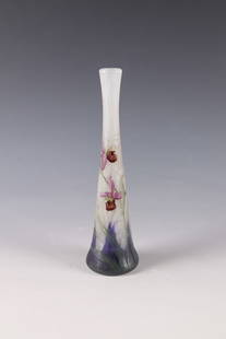 Long-necked vase with lady's slipper and spider's web: Long-neck vase with lady's slipper and spider's web Daum Frères, Nancy, c. 1900 Colourless glass with flaky powder melting in dark violet and white opal. Decoration etched in relief and painted in co