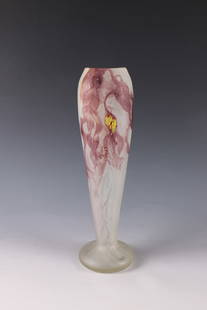 Rare Vase in Marqueterie-sur-Verre Technique: Rare Vase in Marqueterie-sur-Verre Technique Emile Gallé, Nancy, circa 1900 Colorless glass, with double, irregular overlay in milky white and light yellow. Pale violet glass plates and threads incor